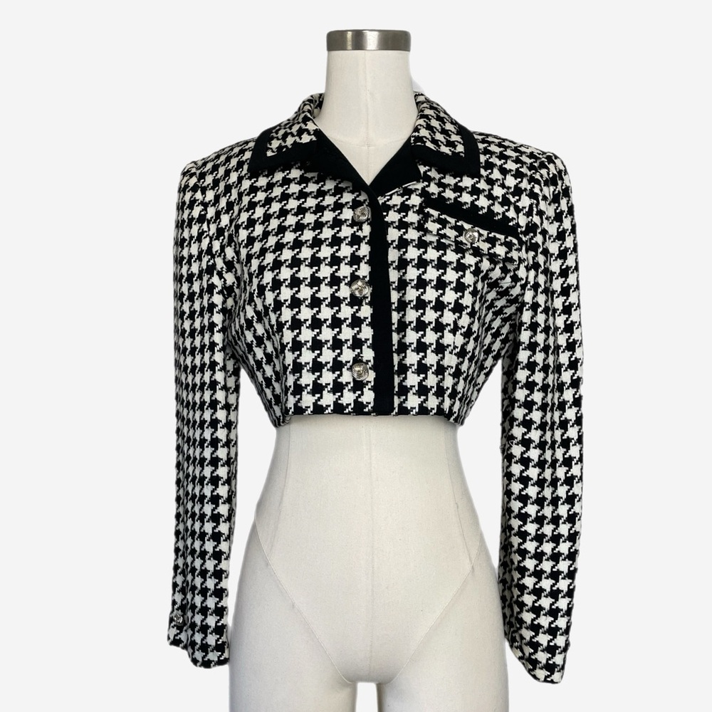 Vintage 90s Donna Morgan Cropped black white houndstooth blazer crimson tide XS